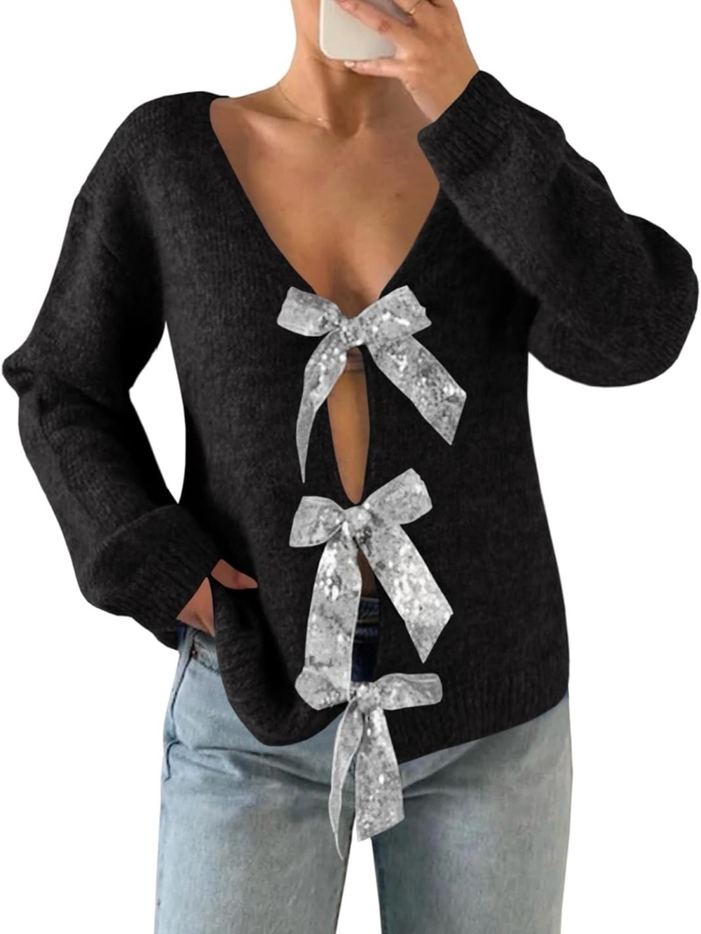 Women’s Black V-Neck Sweater with Silver Ribbon Ties Size Large